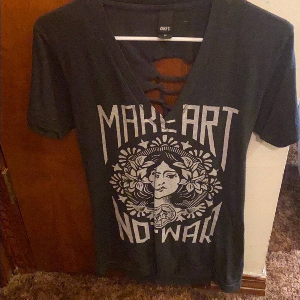 COPY - 6/$35 dark gray obey shirt with criss cross back